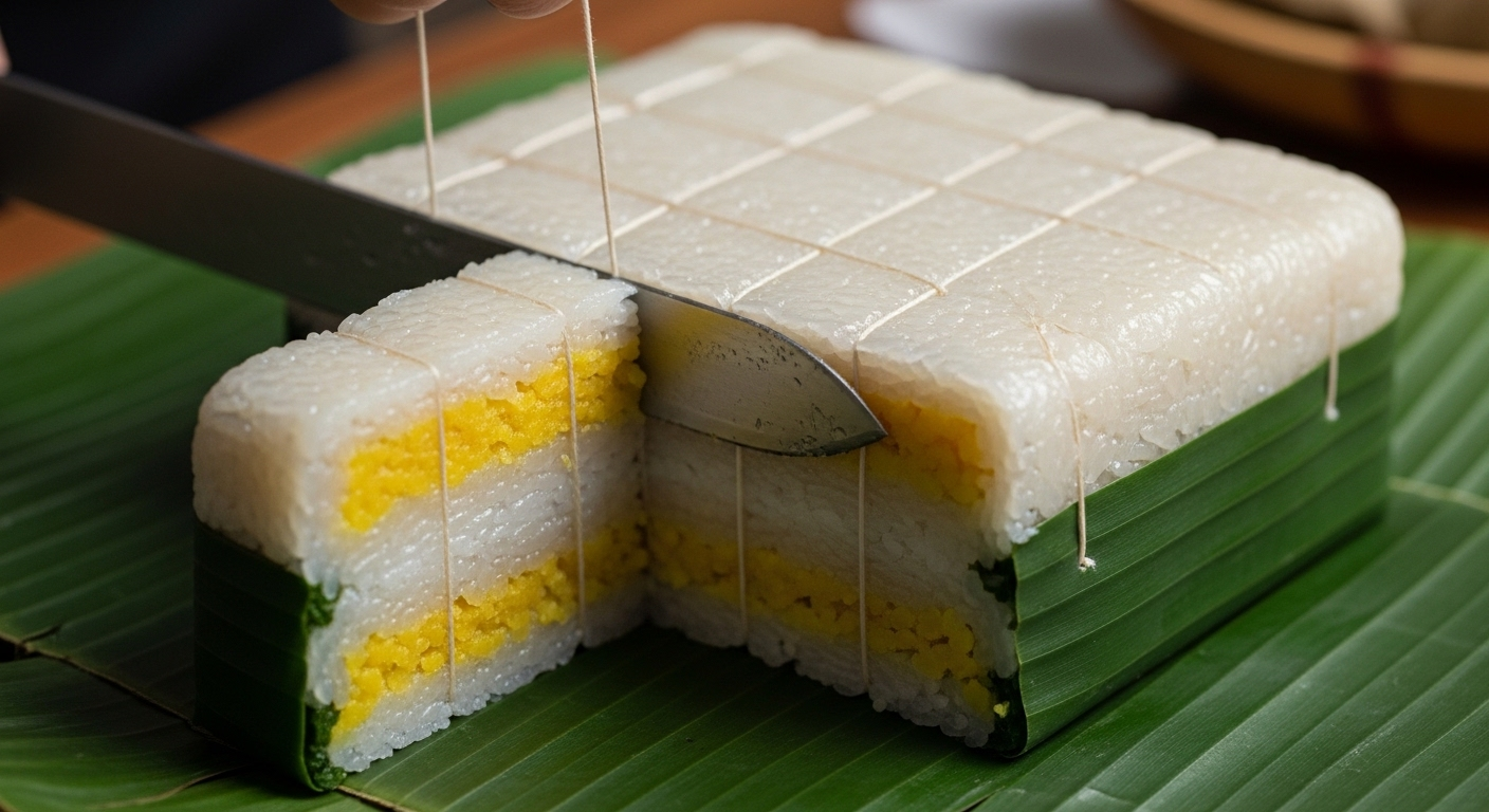 Cận cảnh bánh chưng vuông truyền thống, lá dong xanh còn bao quanh, đang được cắt lát đều bằng lạt. Lộ rõ nhân nếp trắng, đỗ vàng hấp dẫn – rất phù hợp để rán bánh chưng bằng nước lọc cho lớp vỏ giòn rụm.