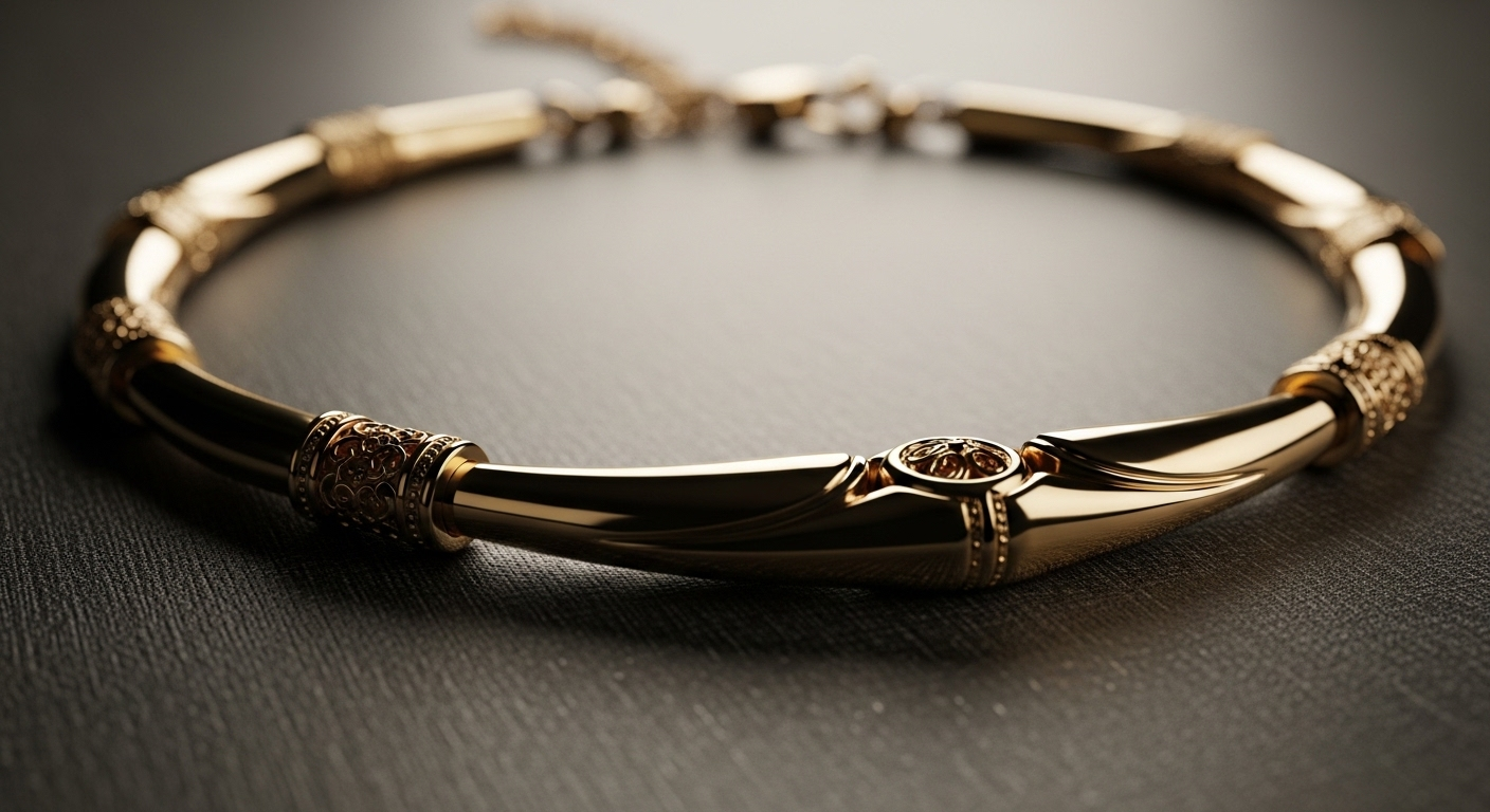 Vòng cổ vàng sang trọng, tinh xảo với bề mặt bóng loáng, phản chiếu ánh sáng ấm áp, là phụ kiện lý tưởng để trả lời cho câu hỏi Mùng 1 Tết 2026 mặc màu gì giúp thu hút may mắn và tài lộc.