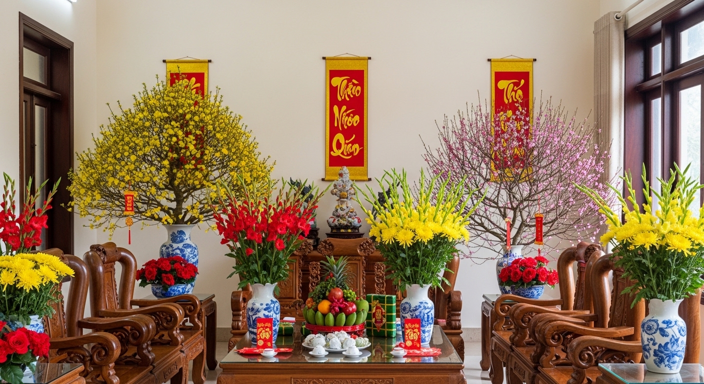 Phòng khách truyền thống Việt Nam trang hoàng Tết lộng lẫy, không gian thanh bình và tươm tất, thể hiện sự trân trọng văn hóa truyền thống, đồng thời gợi nhắc tục lệ vì sao kiêng quét nhà đổ rác trong những ngày đầu năm mới để giữ gìn may mắn và tài lộc.