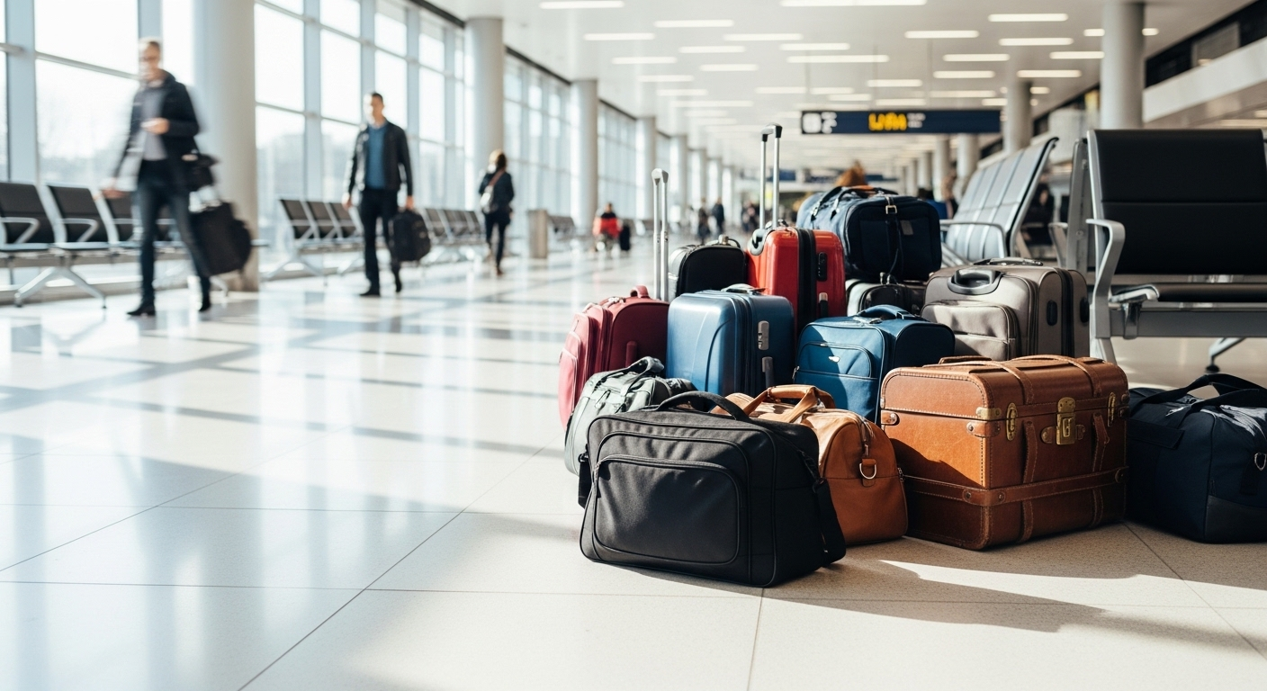 Các loại vali du lịch đa dạng, bao gồm vali vải mềm tối màu, đặt tại khu vực chờ công cộng sáng sủa, gợi ý về kinh nghiệm chọn vali du lịch tối ưu cho từng hành trình.