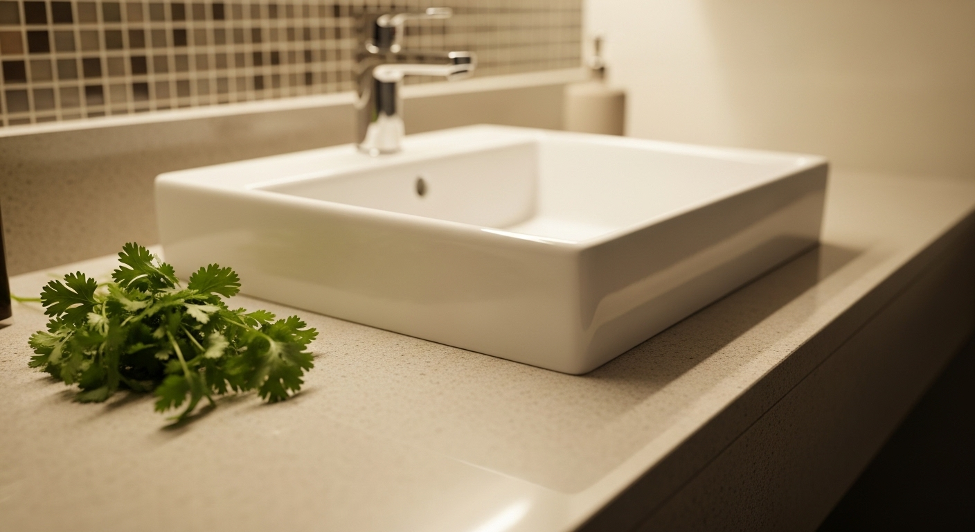 Chậu rửa mặt trắng trong phòng tắm thanh tịnh, bên cạnh là cành rau mùi tươi, gợi mở về ý nghĩa tục lệ rửa mặt bằng nước rau mùi già. Chậu rửa mặt trắng trong phòng tắm thanh tịnh, bên cạnh là cành rau mùi tươi, gợi mở về ý nghĩa tục lệ rửa mặt bằng nước rau mùi già.