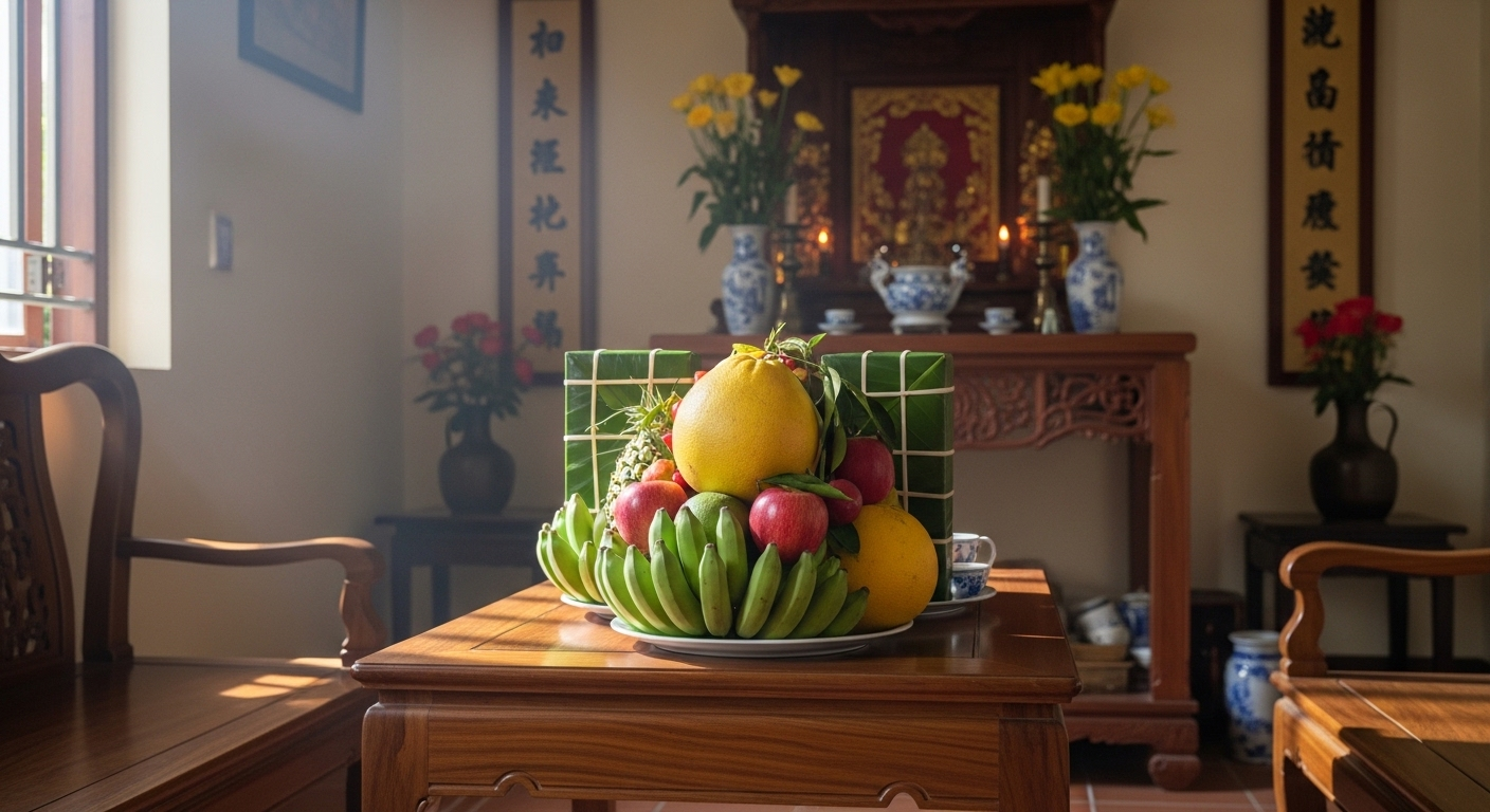 Mâm ngũ quả đẹp mắt với chuối xanh, bưởi vàng, táo đỏ được bày trí trang trọng trên bàn gỗ trong không gian Tết truyền thống Việt Nam, tạo không khí ấm cúng. Mâm ngũ quả đẹp mắt với chuối xanh, bưởi vàng, táo đỏ được bày trí trang trọng trên bàn gỗ trong không gian Tết truyền thống Việt Nam, tạo không khí ấm cúng.