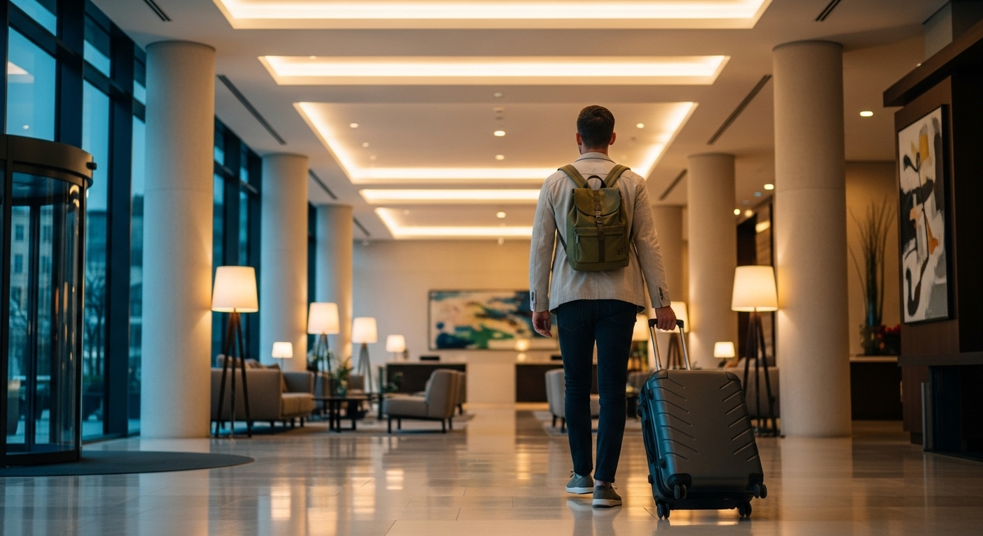 Du khách tự tin kéo vali rời sảnh khách sạn hiện đại, ấm cúng, minh chứng cho chất lượng dịch vụ của dải ruy băng đỏ khách sạn.