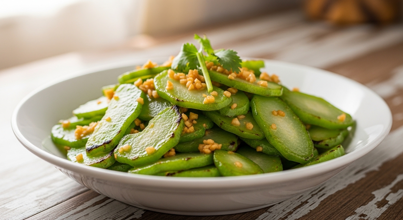 Mướp xào tỏi xanh tươi, thái lát mỏng trong tô sứ trắng, dậy mùi thơm hấp dẫn.