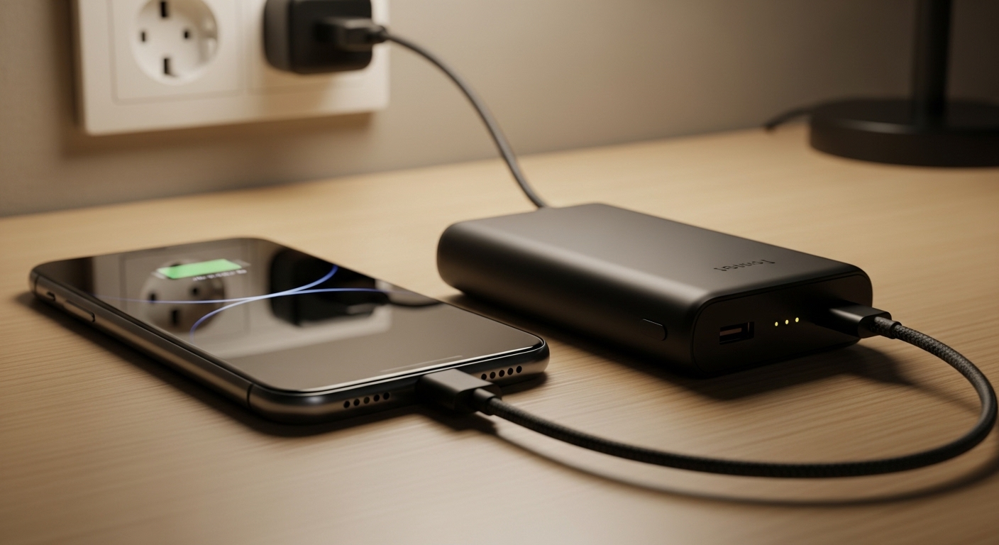 Điện thoại thông minh đang sạc bằng sạc dự phòng màu đen bóng trên bàn khách sạn màu sáng, có ổ cắm điện tường. Tiện ích khi lưu trú tại khách sạn, nơi có thể lăn chai nước qua gầm giường khách sạn khi cần.