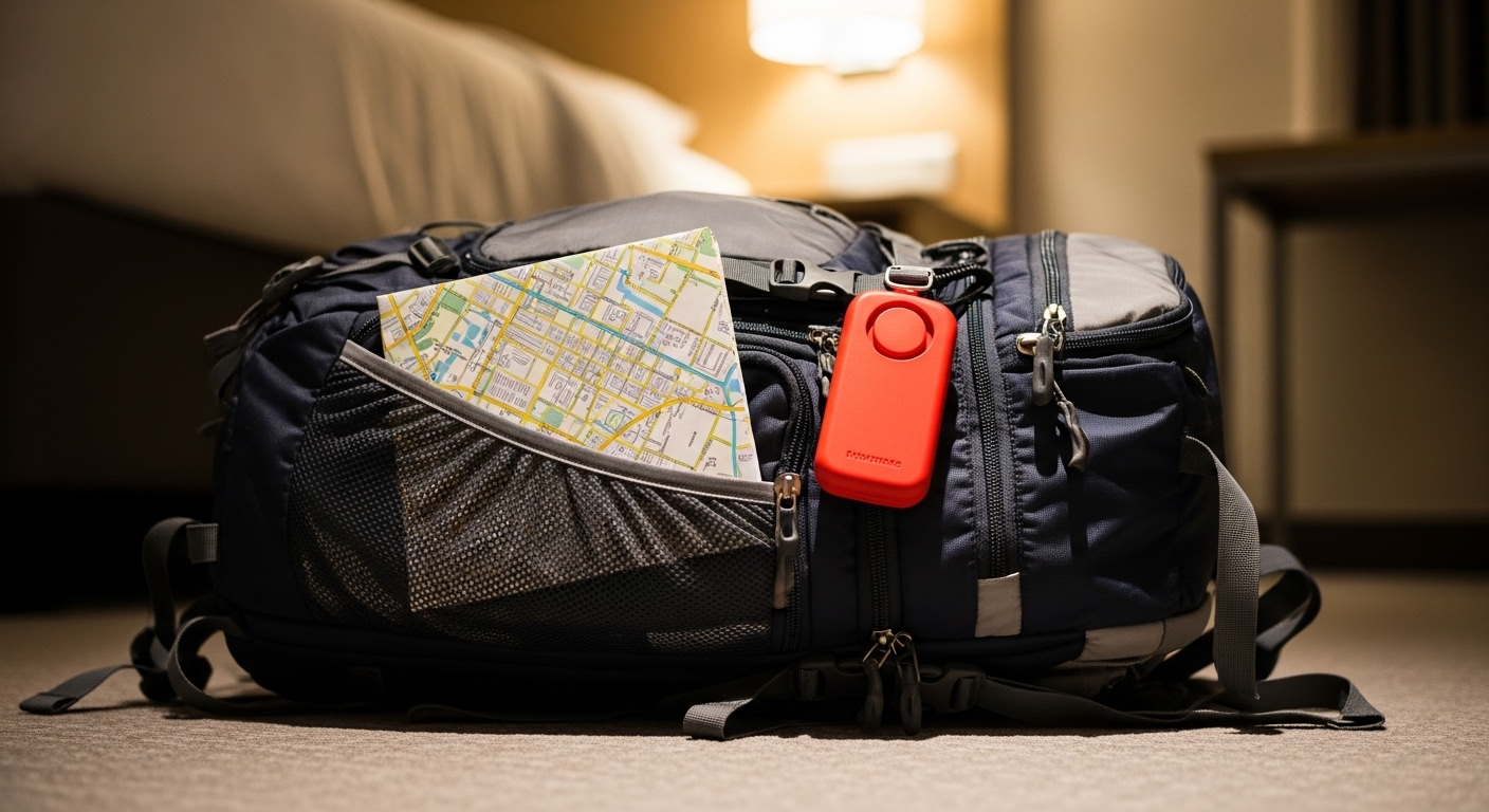 Ba lô du lịch gọn gàng, có bản đồ và chuông báo động an toàn – một phụ kiện thiết yếu trong các mẹo du lịch an toàn cho nữ. Ba lô du lịch gọn gàng, có bản đồ và chuông báo động an toàn – một phụ kiện thiết yếu trong các mẹo du lịch an toàn cho nữ.
