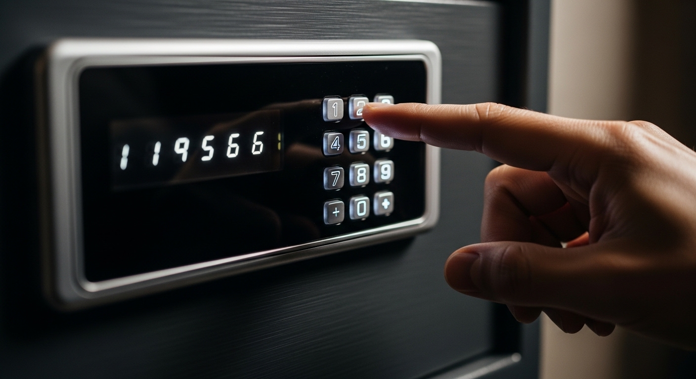 Cận cảnh bàn tay đang nhập mã số trên bàn phím két an toàn kỹ thuật số khách sạn, minh họa mẹo dùng két an toàn khách sạn để bảo vệ tài sản cá nhân.