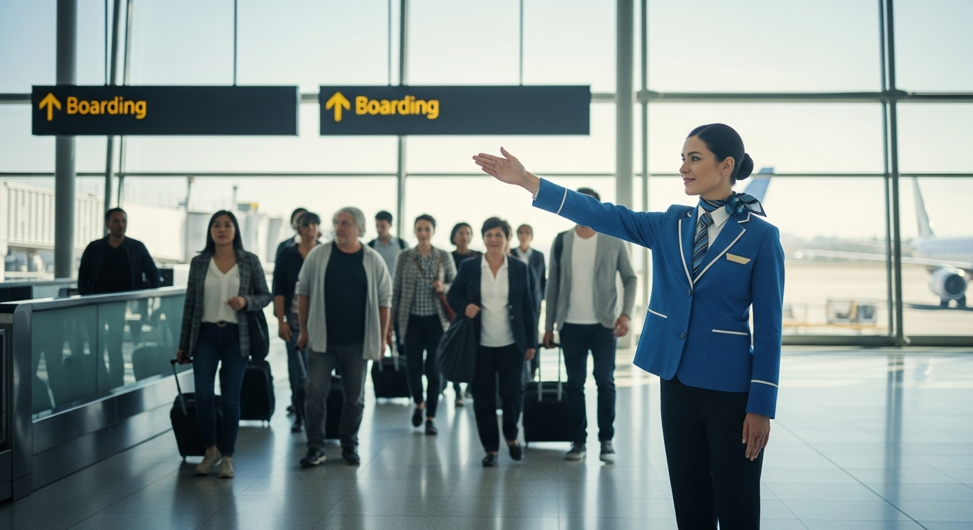 Nhân viên sân bay chuyên nghiệp hướng dẫn hành khách xếp hàng lên máy bay tại cửa, đảm bảo quy trình trơn tru, hiệu quả tại nhà ga hiện đại. Sự quản lý này giúp hỗ trợ mọi hành khách, kể cả những người có lý do hành khách xếp hàng sớm lên máy bay, để có trải nghiệm bay suôn sẻ.