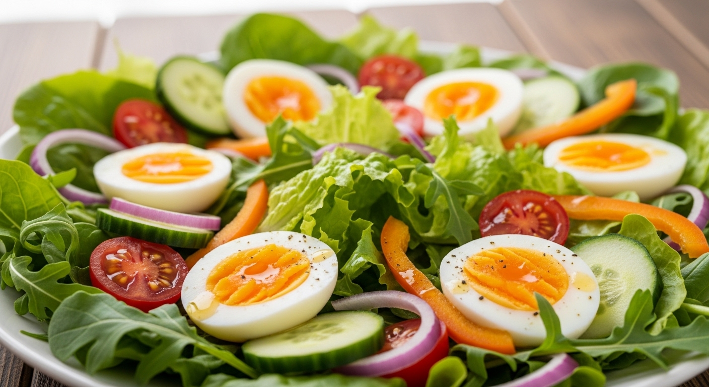 Những lát trứng luộc chín kỹ hoàn hảo với lòng đỏ vàng đều, sắp xếp đẹp mắt trên salad rau xanh tươi ngon. Một bữa ăn healthy tuyệt vời, thể hiện thành quả của việc biết chính xác luộc trứng bao nhiêu phút để đạt được độ chín tới.