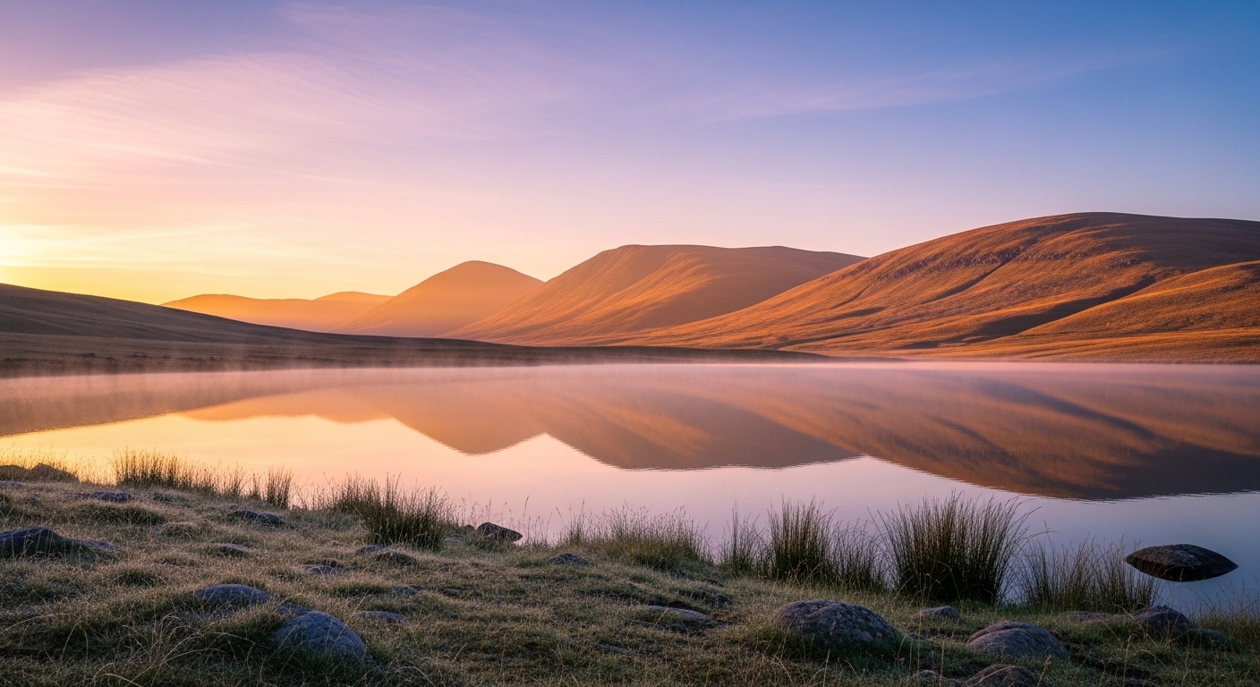 Phong cảnh bình minh rộng lớn, hồ yên ả phản chiếu đồi núi xa trong ánh vàng dịu và bầu trời pastel. Là gợi ý tuyệt vời cho mẹo cải thiện tâm trạng.