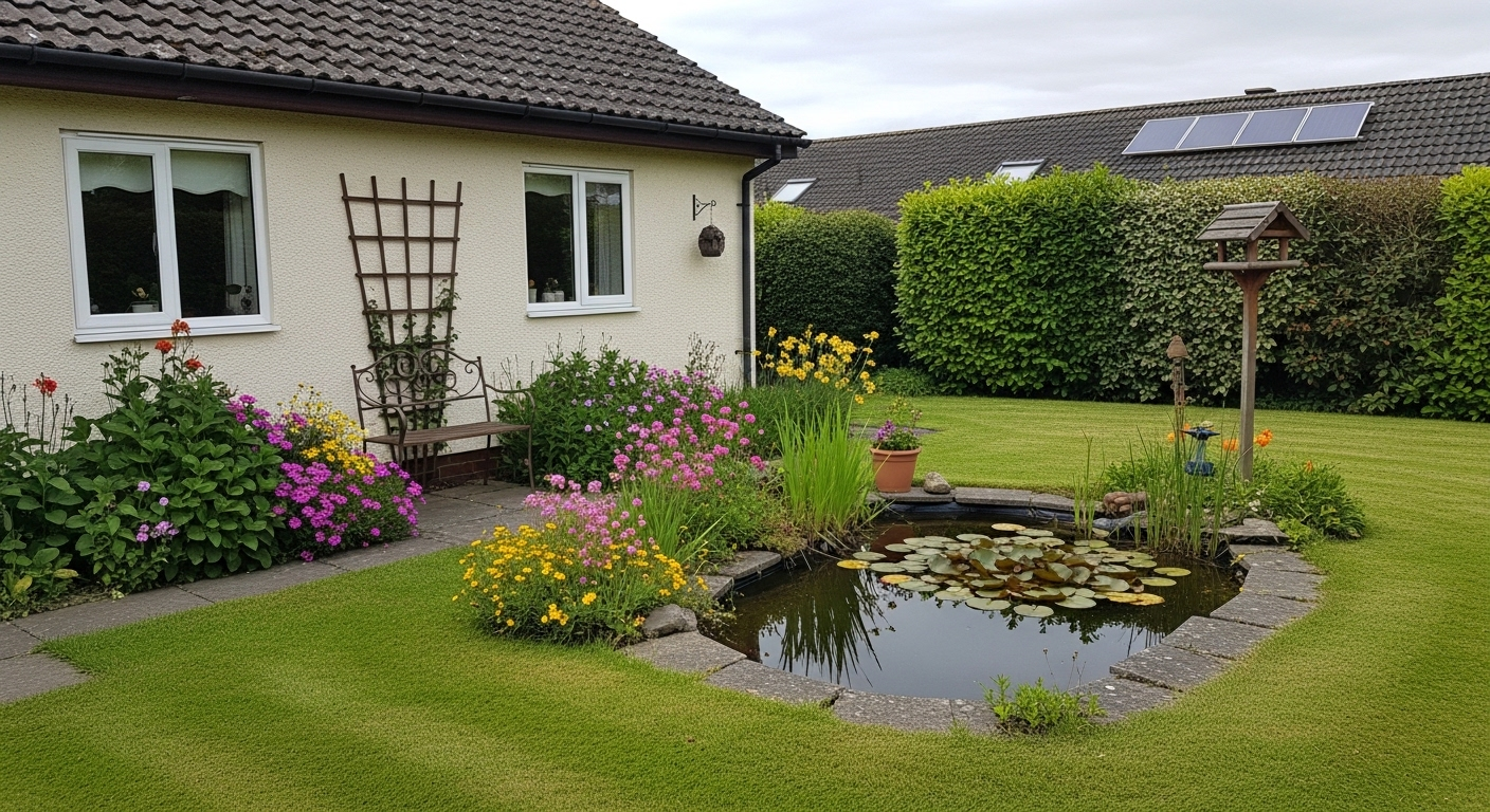 Toàn cảnh ngôi nhà đẹp với vườn cây xanh tươi, hoa rực rỡ và lối đi rõ ràng dưới ánh sáng tự nhiên, tạo nên không gian sống hài hòa theo nguyên tắc phong thủy nhà ở.