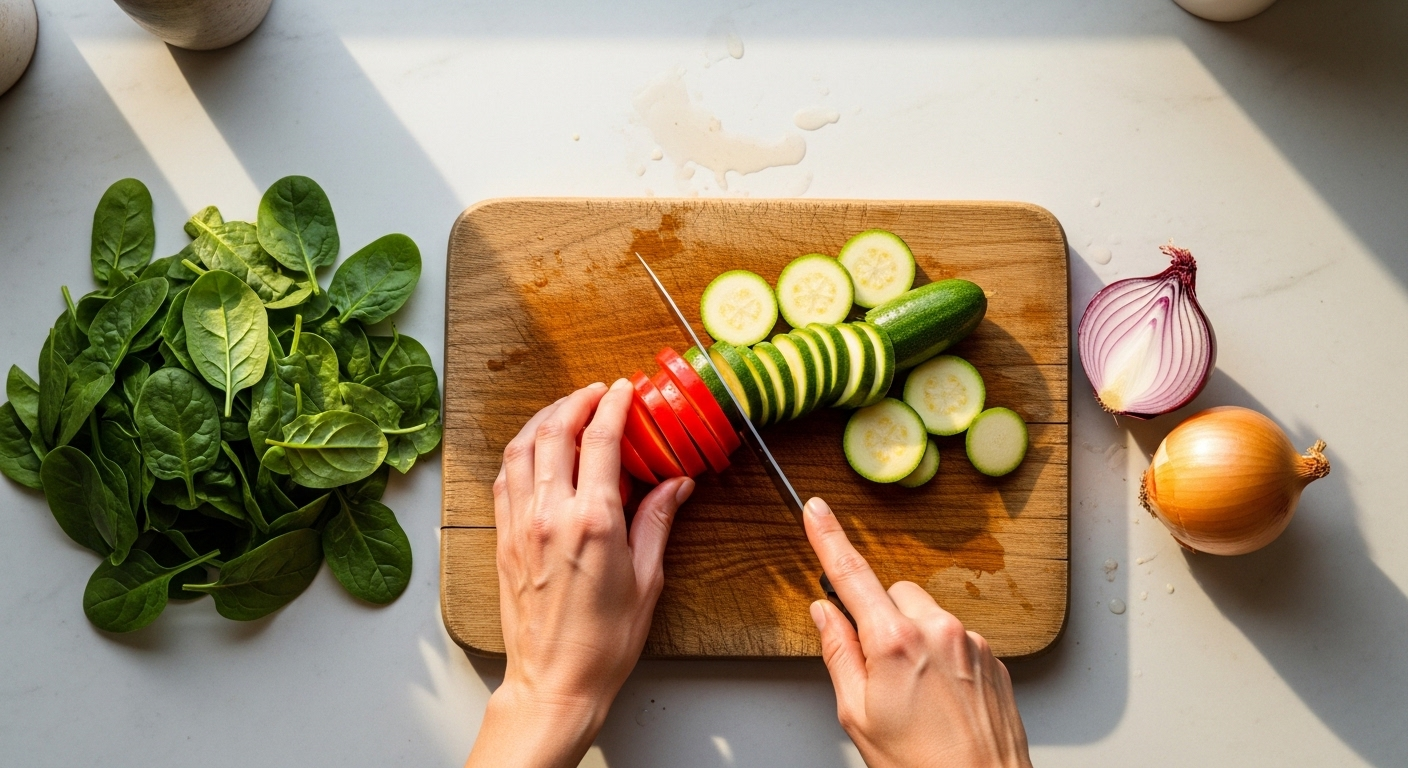 Bàn bếp với đôi tay đang cắt ớt chuông, bí xanh cùng rau củ tươi đầy màu sắc, chuẩn bị cho bữa ăn uống lành mạnh tại nhà.