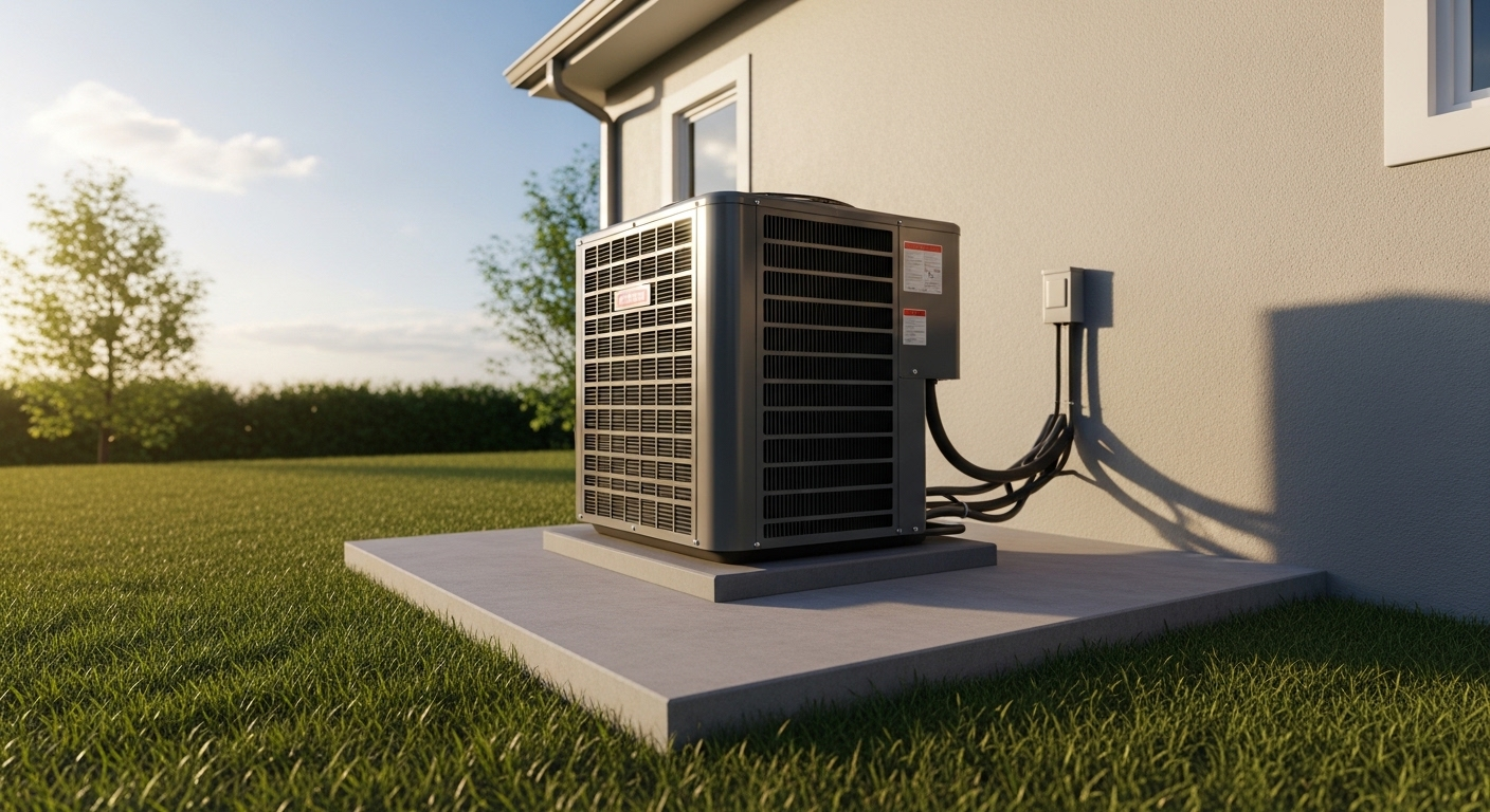 Dàn nóng điều hòa ngoài trời lắp đặt chắc chắn trên bệ bê tông cạnh tường nhà, vị trí thoáng đãng giúp vận hành an toàn ngay cả khi cân nhắc bật điều hòa khi dông bão.