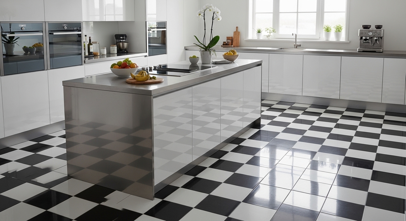 Bếp hiện đại với sàn caro đen trắng nổi bật, tạo điểm nhấn thị giác và thể hiện phong cách trang trí nội thất không lỗi mốt. Tủ bếp màu trắng tinh tế ở phía sau.