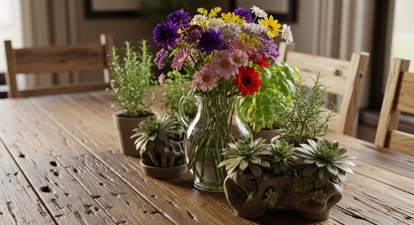 Bàn ăn gỗ mộc mạc trang trí nhà cửa với bình hoa dại tươi, cây thảo mộc và xương rồng nhỏ, mang lại vẻ đẹp tự nhiên.