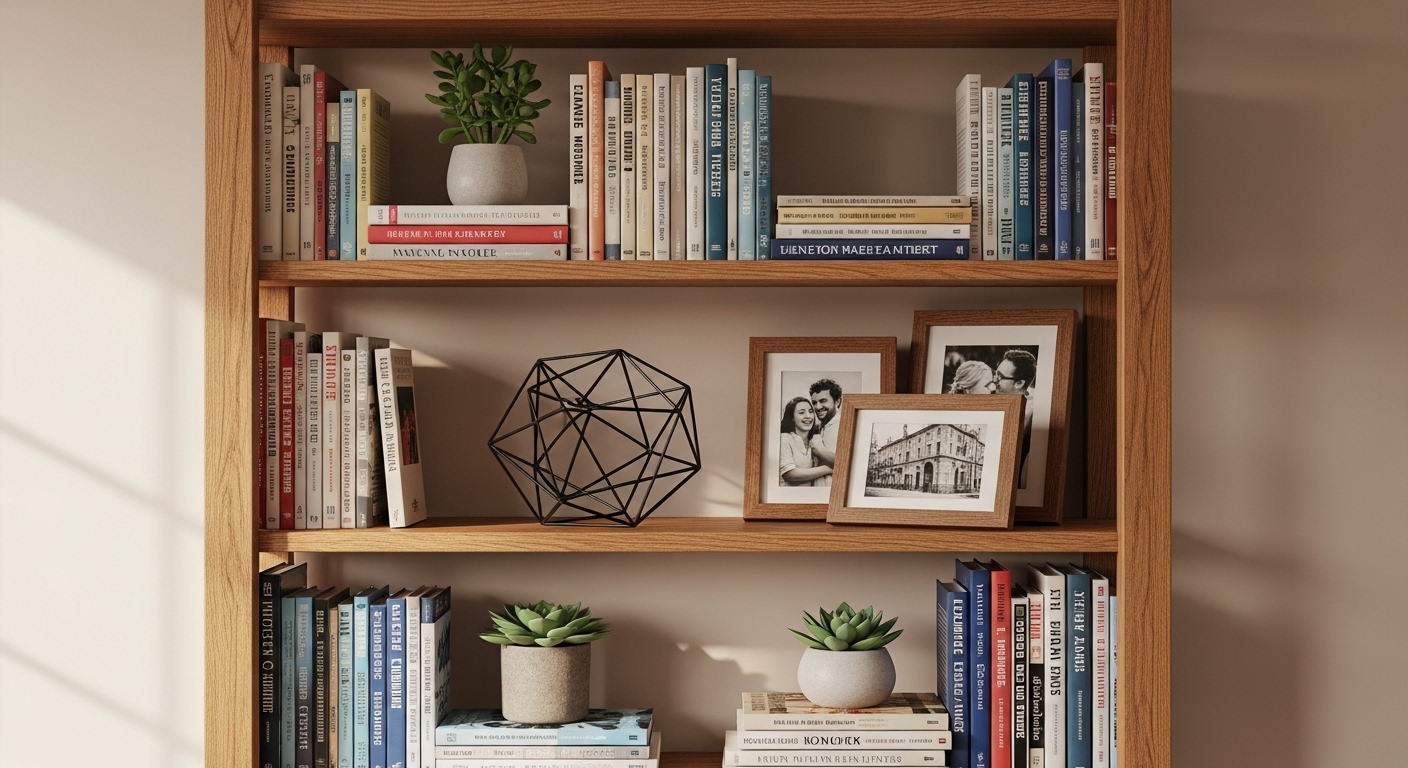 Kệ sách gỗ mở, cao, đầy sách và các vật dụng trang trí nhà đẹp như sen đá, tượng hình học, ảnh, được sắp xếp gọn gàng.