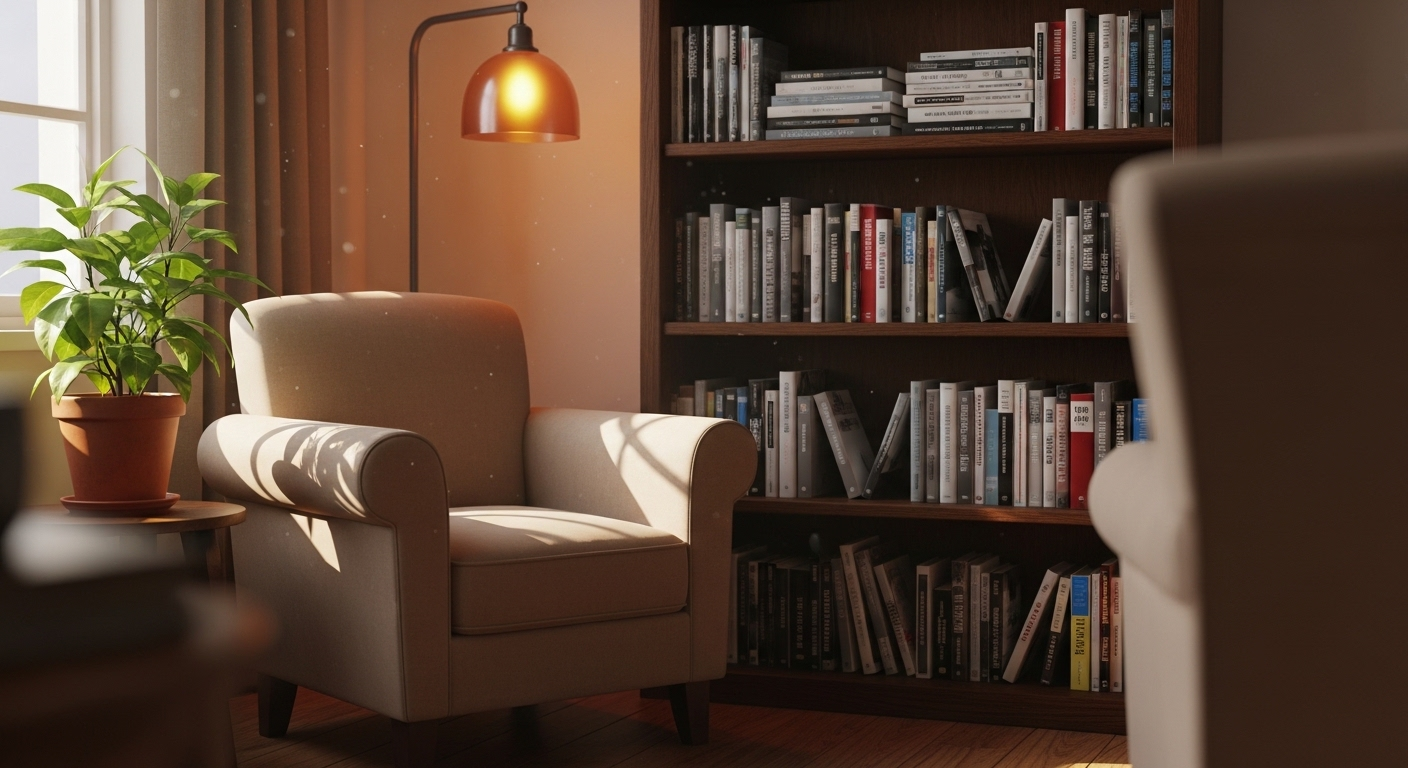 Góc đọc sách thanh bình với ghế bành màu be, kệ sách gỗ, đèn sàn ấm áp và cây xanh, tạo nên không gian decor nội thất ấm cúng và mời gọi.