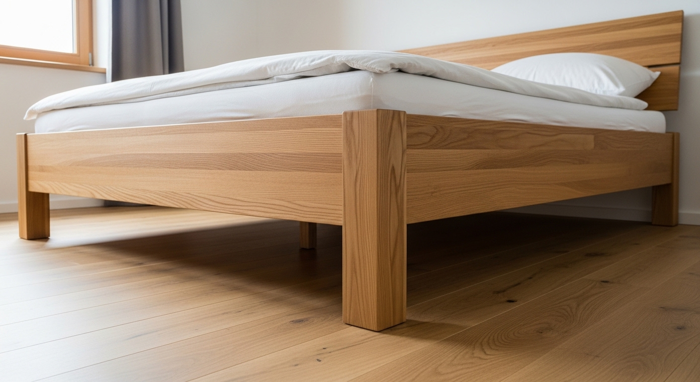 Giường gỗ hiện đại với gầm cao thoáng đãng, minh họa cách bố trí phòng ngủ theo phong thủy.