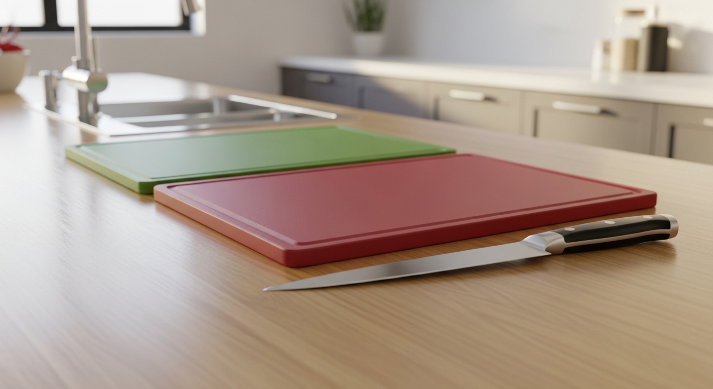Hai thớt xanh đỏ riêng biệt và dao sắc trên đảo bếp gỗ sáng, tượng trưng cho thực hành vệ sinh an toàn nhà bếp hiệu quả.